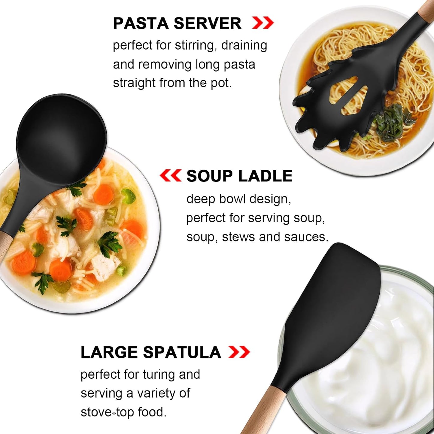 Kitchen Cooking Utensils Set, 6Pcs Silicone Kitchen Utensils Set Spatula Spoon Soup Ladle Turner, Heat Resistant Wooden Handle Silicone Cooking Gadgets for Nonstick Cookware & Baking BPA FREE