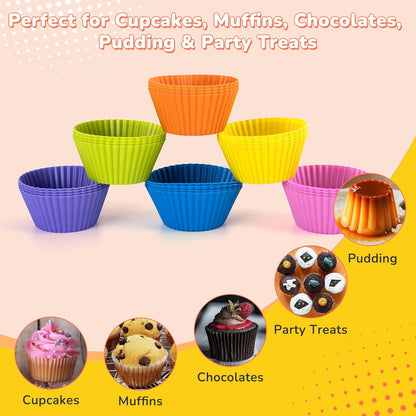 24 Pack Silicone Cupcake Liners for Baking, Multi-color Reusable Silicone Baking Cups, Non-Stick and Flexible Muffin Liners, Easy to Clean, for Cupcake, Muffins and Party Treats (6 Colors)