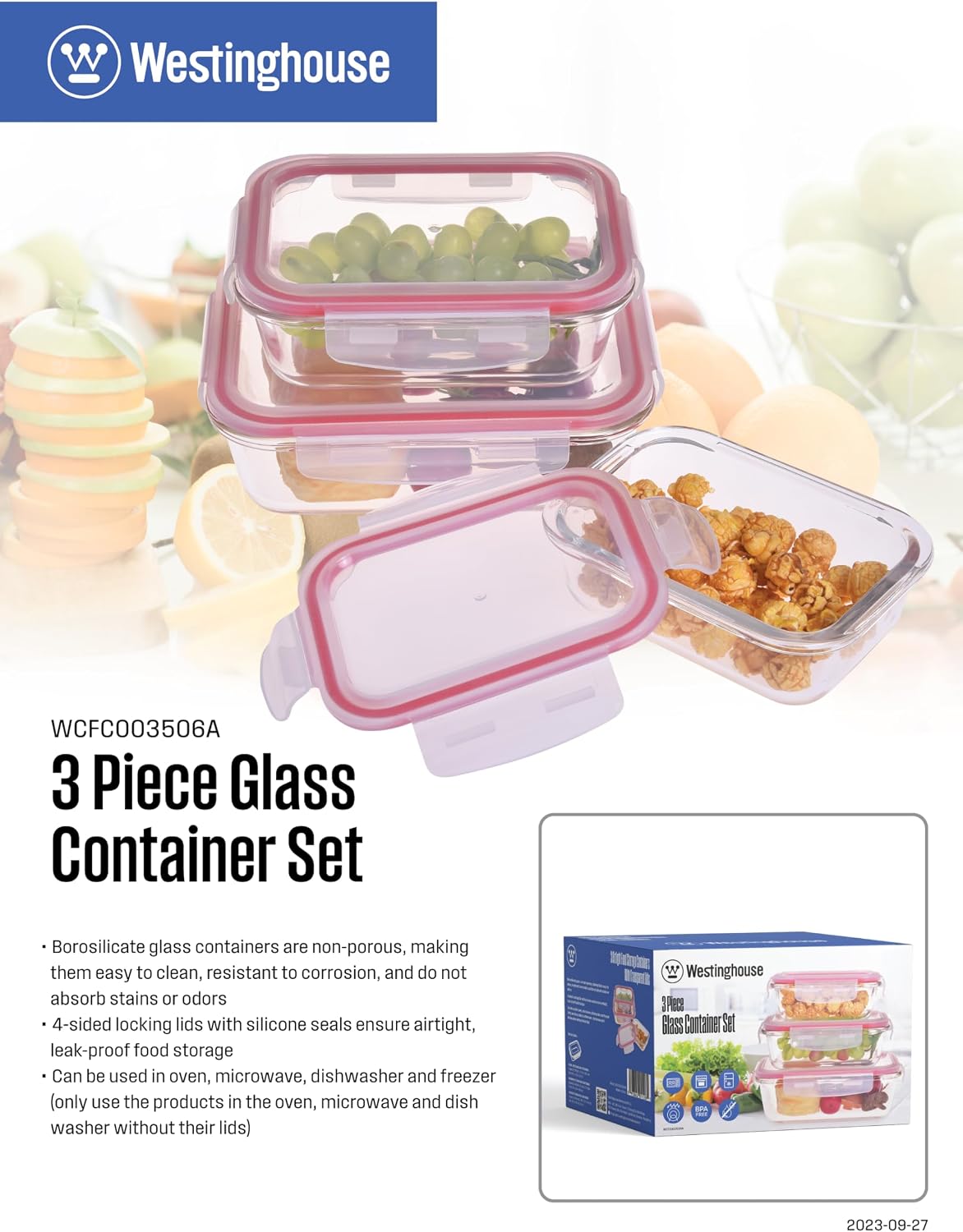 Westinghouse 3-Piece Glass Food Storage Container Set with Airtight Lids - BPA-Free, Stackable, Leakproof, Freezer, Microwave, Oven & Dishwasher Safe Meal Prep Containers - 370ml 640ml 1050ml