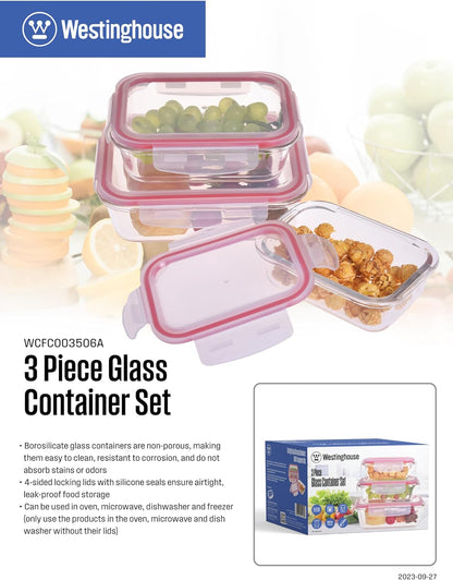 Westinghouse 3-Piece Glass Food Storage Container Set with Airtight Lids - BPA-Free, Stackable, Leakproof, Freezer, Microwave, Oven & Dishwasher Safe Meal Prep Containers - 370ml 640ml 1050ml