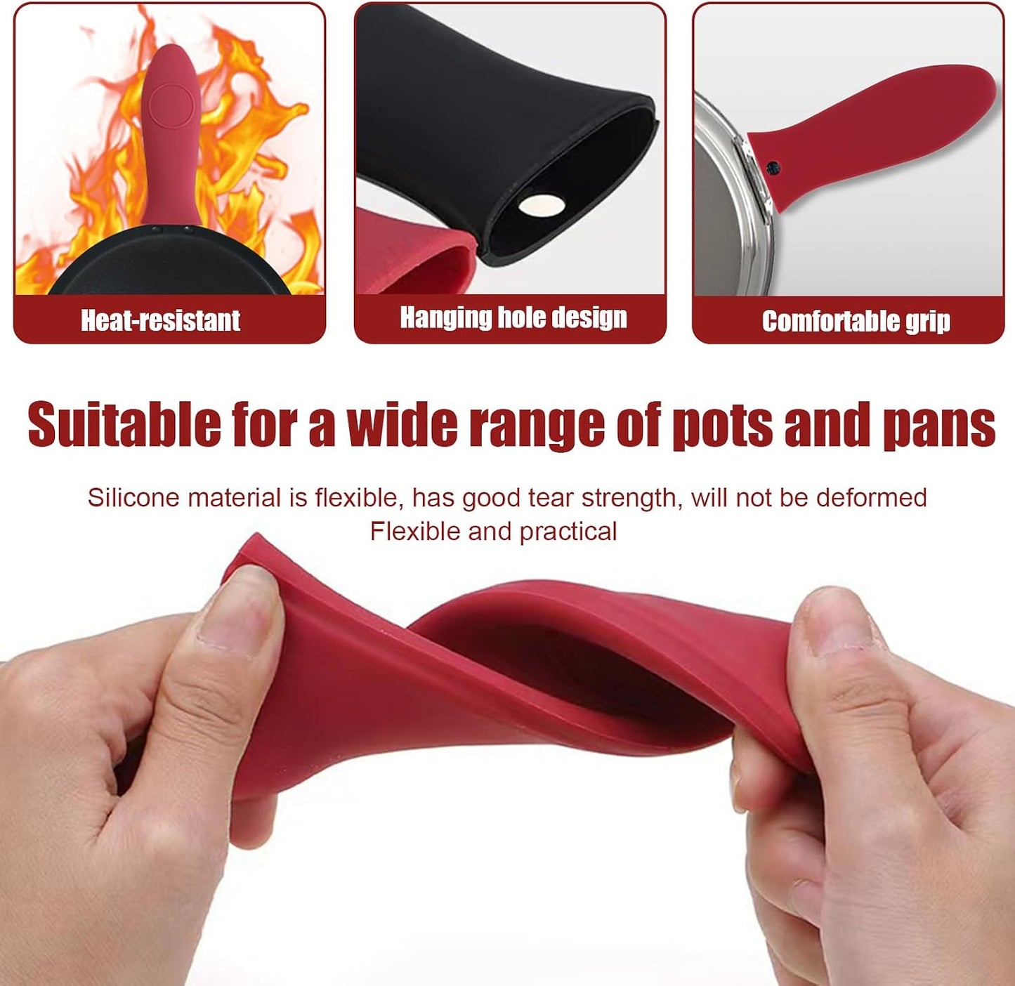 2 Pack Silicone Pan Handle Sleeve, Heat Resistant Cast Iron Skillet Handle Covers for Pots and Pans, Assist Handle Holder Grip for Kitchen Frying Griddles Cookware (Red & Black)