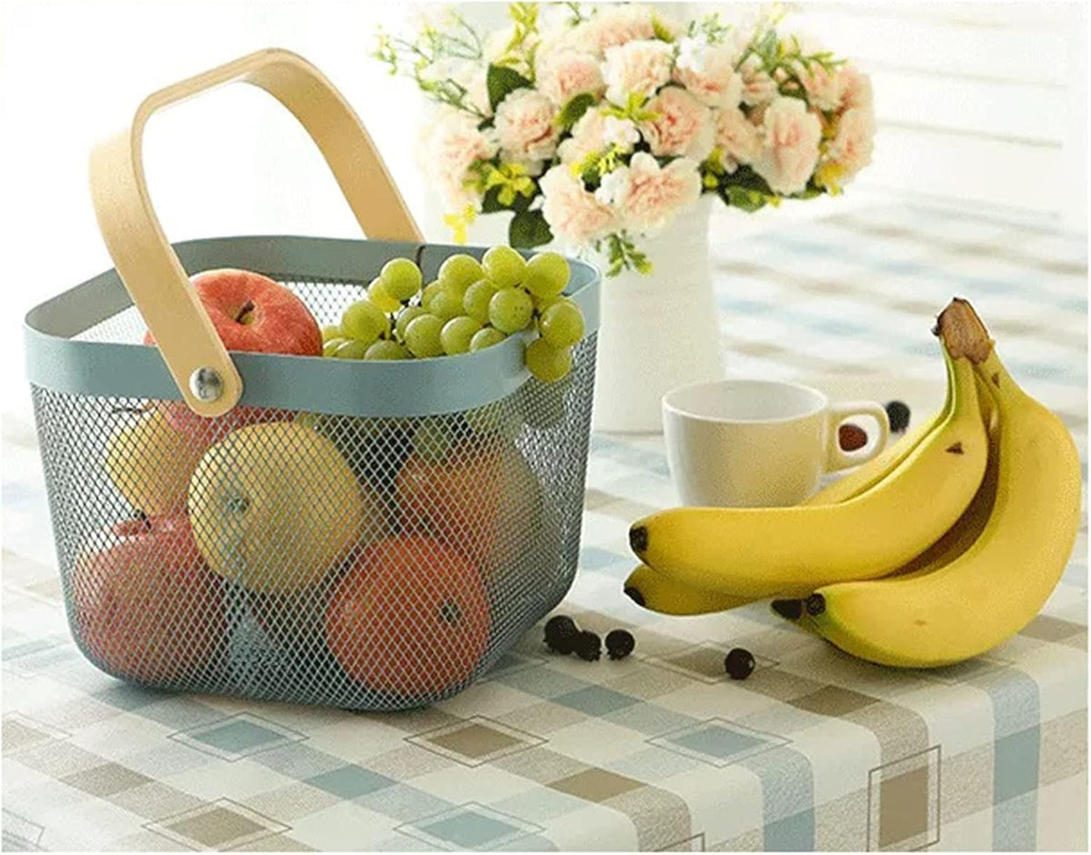 AJIODA Metal Mesh Steel Basket, Storage Organizer Basket Multi-functional Hanging Kitchen Baskets Fruit Basket Bin with Bamboo Handle for Kitchen Bathroom Picnic Shopping Decor Cabinet Home, Blue