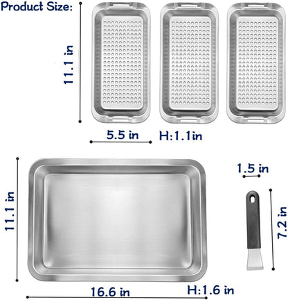 Grill Pans for Outdoor Grill-3 Grilling Baskets|Serving Tray| Clip-on Handle.BBQ Serving Platters with Holes for Grill Fish,Vegetable,Meat and Prep Food Veggie