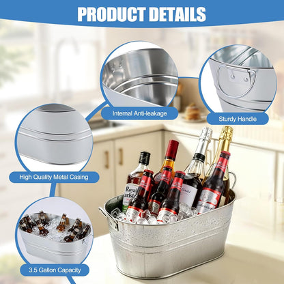 2 Pack Galvanized Ice Bucket with 2 Scoops, 3.5 Gallon Beverage Tub for Parties, Large Metal Ice Bucket for Beer, Wine & Champagne, Leak Resistant Drink Tub with Handles