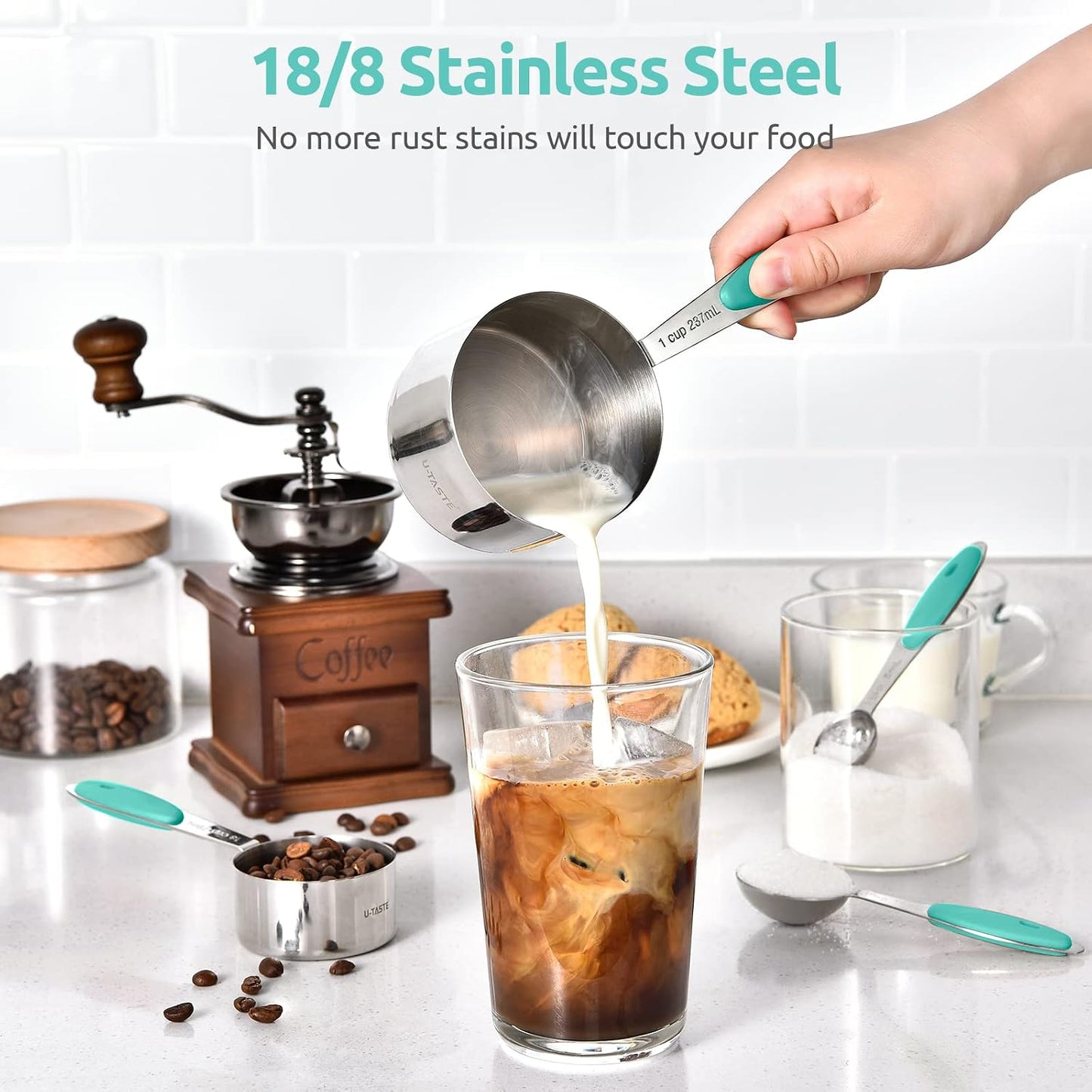 U-Taste 12 Piece Measuring Cups and Spoons Set in 18/8 Stainless Steel : 7 Measuring Cups & 5 Measuring Spoons