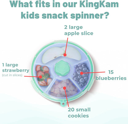KingKam Kids Snack Spinner Containers, Reusable Toddler Spin Snack Container Box with 4 Compartments & Lid, BPA Free Food Grade Silicone Tray Dishwasher Safe, Travel Snacking Accessories (Blue/Green)