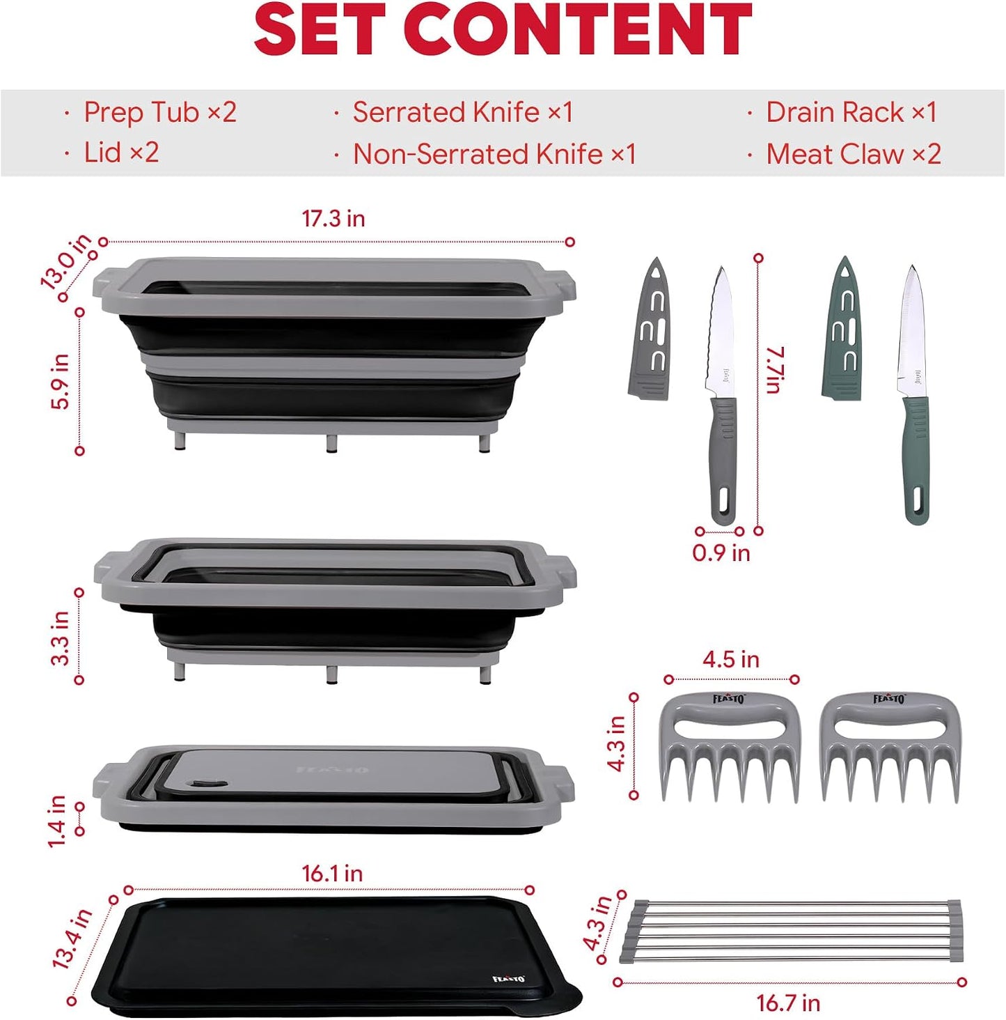 Feasto Collapsible BBQ Prep Tubs with Cutting Board, 9-IN-1, 2 Tubs Portable Grill Prep Station with Side Brackets, Lids, Knives, Meat Claws and Drain Rack, Space-Saving for Kitchen & Camping, Black