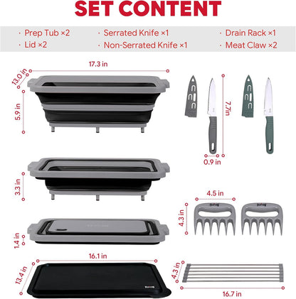 Feasto Collapsible BBQ Prep Tubs with Cutting Board, 9-IN-1, 2 Tubs Portable Grill Prep Station with Side Brackets, Lids, Knives, Meat Claws and Drain Rack, Space-Saving for Kitchen & Camping, Black