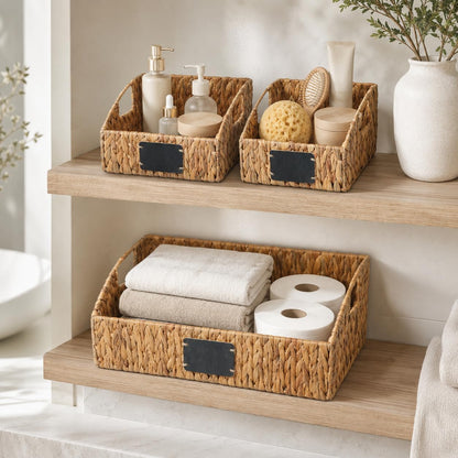 Water Hyacinth Storage Baskets Set of 3 with Chalkboard Labels — Wicker Pantry Organizer Baskets for Kitchen Shelves, Laundry Room, Bathroom & Bedroom — Woven Snack & Produce Storage Bins
