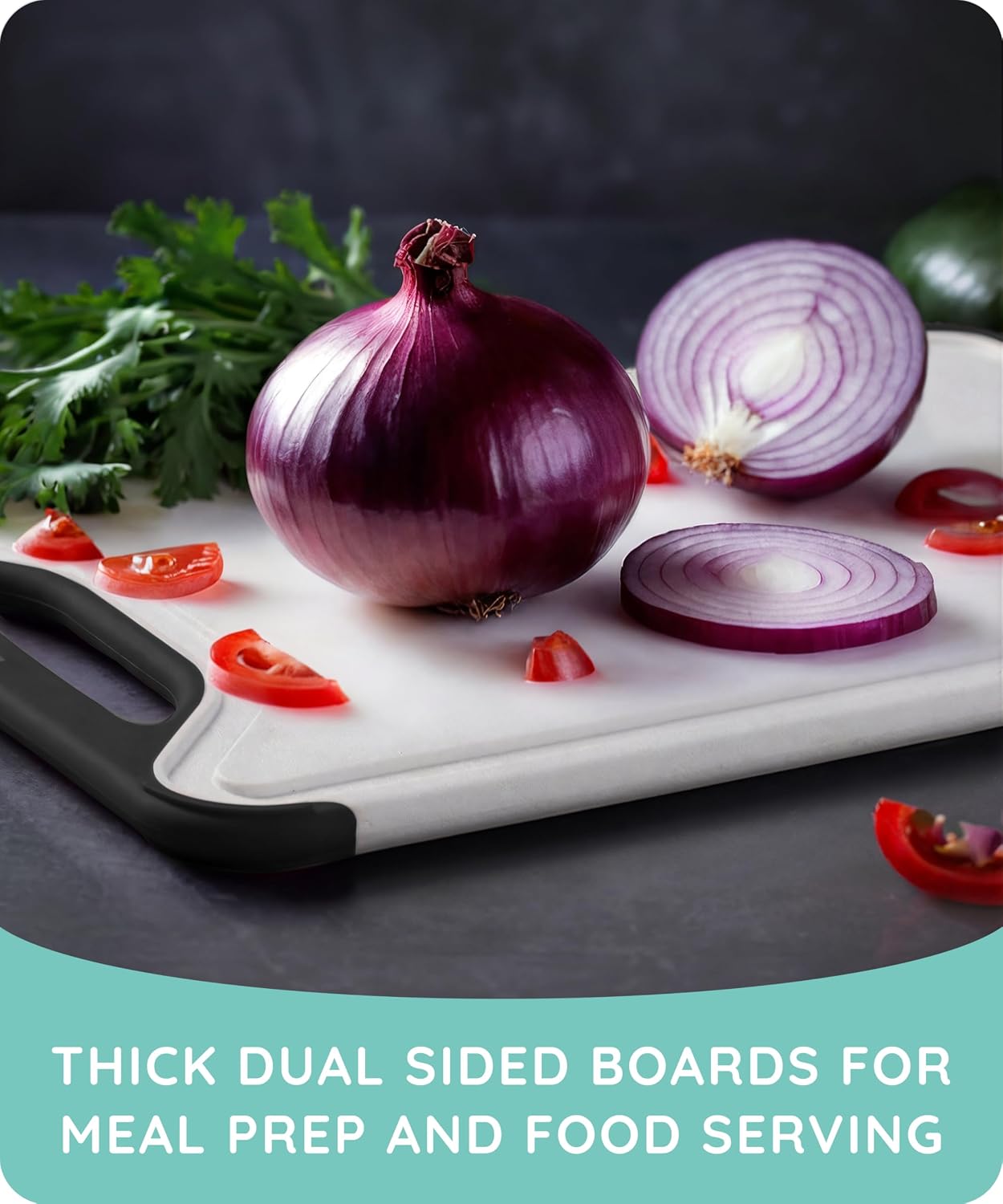 Cutting Boards for Kitchen, Plastic Cutting Board Set of 3, Dishwasher Safe Cutting Boards with Juice Grooves for Meat, Veggies, Fruits, Easy Grip Handle, Non-Slip (Black/Gray)