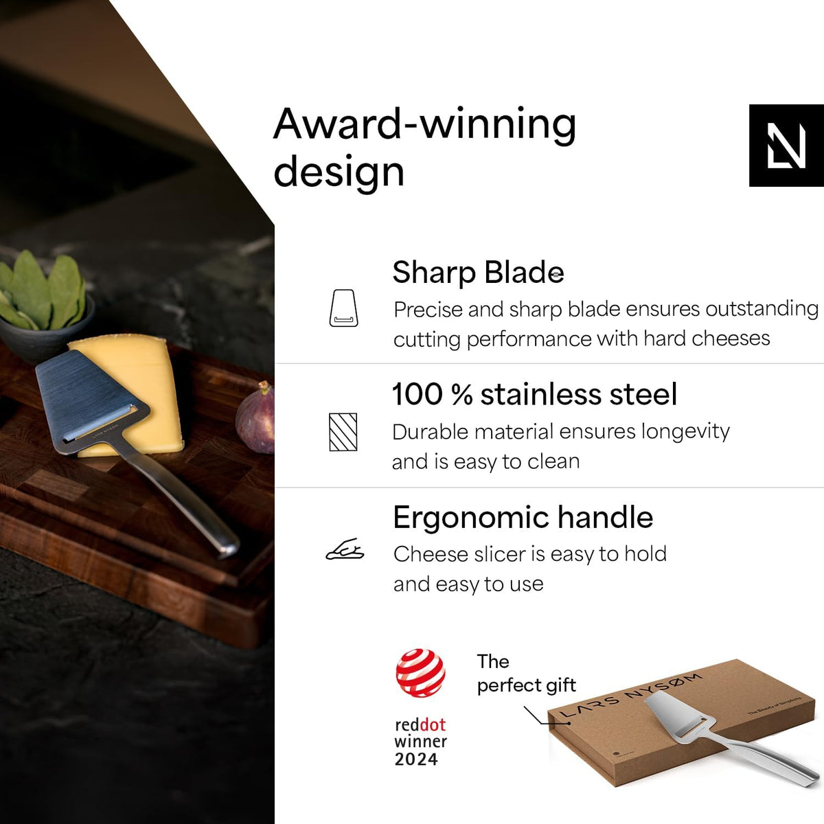LARS NYSØM Cheese Knife Set Edge 2 pcs. I Cheese Knife Set Made of Stainless Steel I Premium Gift Box I Perfect as Christmas Gift (Carbon Black)