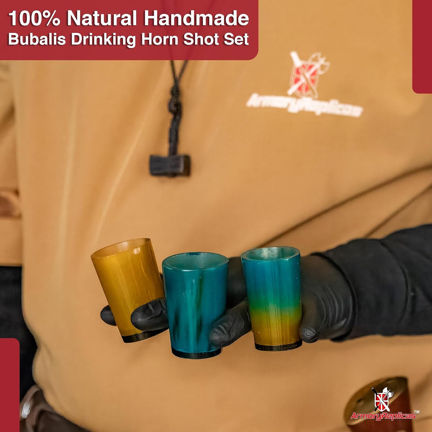 Armory Replicas™ 3-Piece Buffalo Drinking Horn Set – Handmade Natural Horn Cups with Earth Design, Viking Style Mead Ale Wine Cups for Feasts, Parties & Collectors