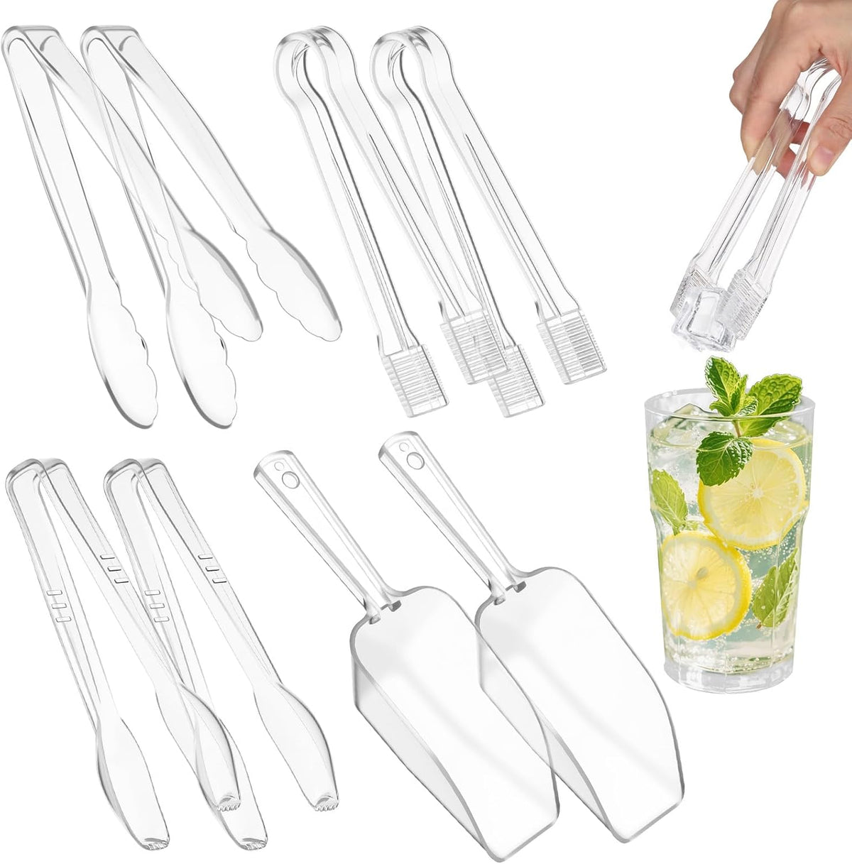 16 Pcs Plastic Ice Tongs and Scoops Set for Ice Bucket 6'' 8.5'' Clear Mini Kitchen Serving Tongs and Scoops for Buffet Freezer Coffee Sugar Bar Supplies Party Wedding BBQ Restaurant