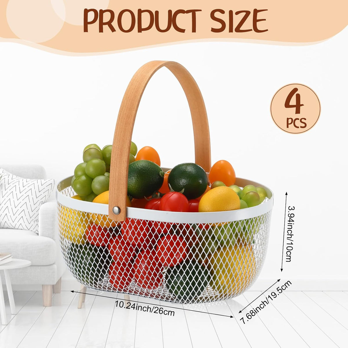 Maxcheck 4 Pcs Oval Metal Wire Storage Basket with Handle for Gathering Vegetables Multi Functional Mesh Basket for Kitchen Bathroom Picnic Home, 10.24 x 7.68 Inch(White)