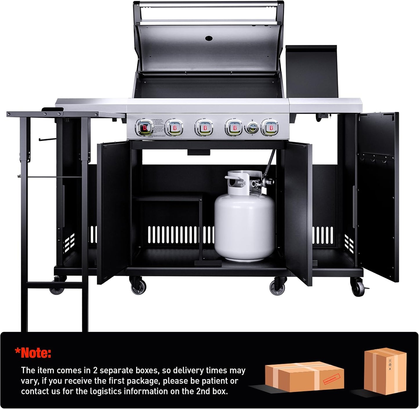 Brand-Man 4-Burner Gas Outdoor Kitchen Grill Island with Side Burner - 44,000 BTU Stainless Steel BBQ Grill Station with Storage Cabinets, Fold-out Prep Table, LPG/NG Convertible, Black