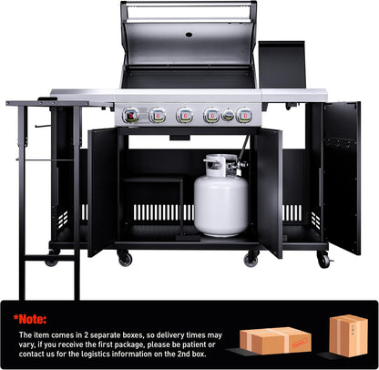 Brand-Man 4-Burner Gas Outdoor Kitchen Grill Island with Side Burner - 44,000 BTU Stainless Steel BBQ Grill Station with Storage Cabinets, Fold-out Prep Table, LPG/NG Convertible, Black