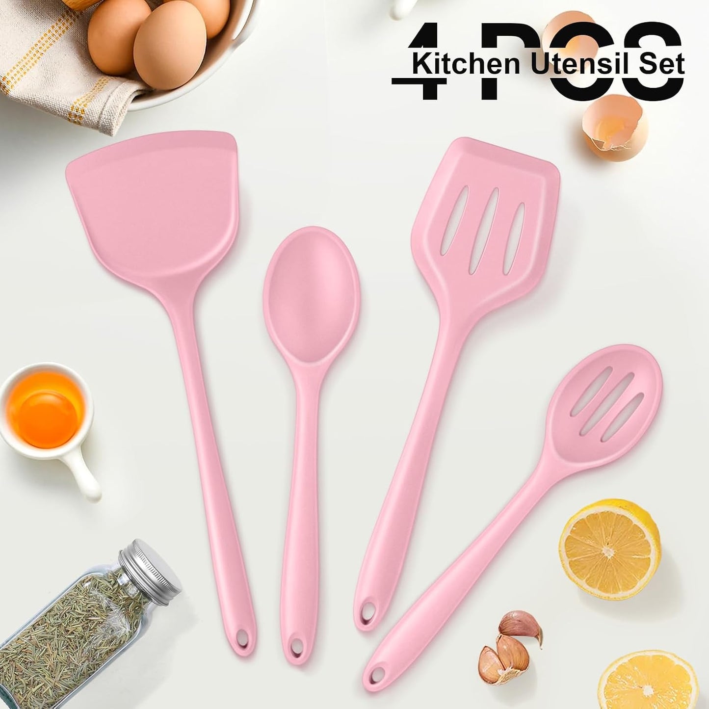 P&P CHEF Kitchen Utensil Set, 4 Pieces Non-stick Silicone Cooking Utensils, Heat-resistant Slotted Solid Spoon Turner for Frying, Mixing, Serving, Non-toxic & Easy to Clean, Blue