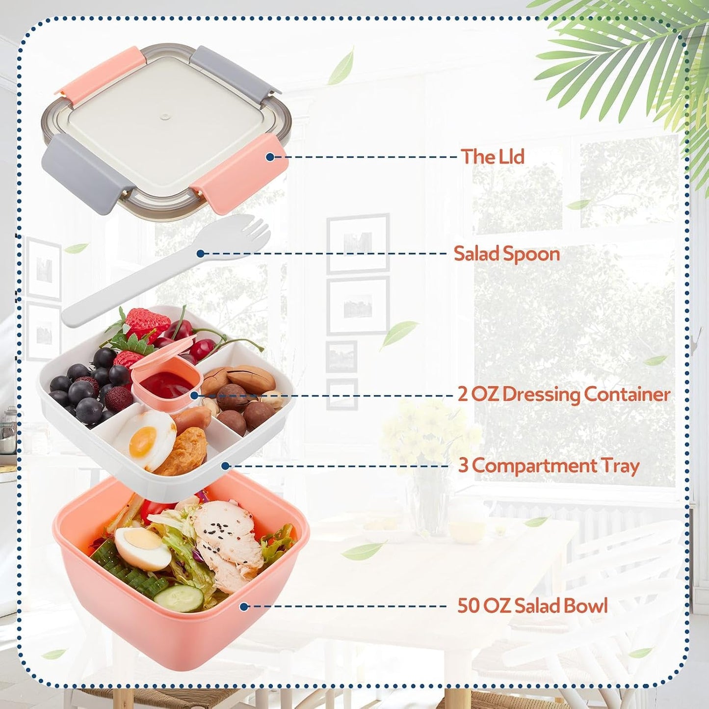 Tessco for you 6 Pcs Salad Lunch Container 50 oz Salad Container with 3 Compartment Reusable Bento Box for Adults Stackable Lunch Bowl for Meal Snack Fruit(Pink)