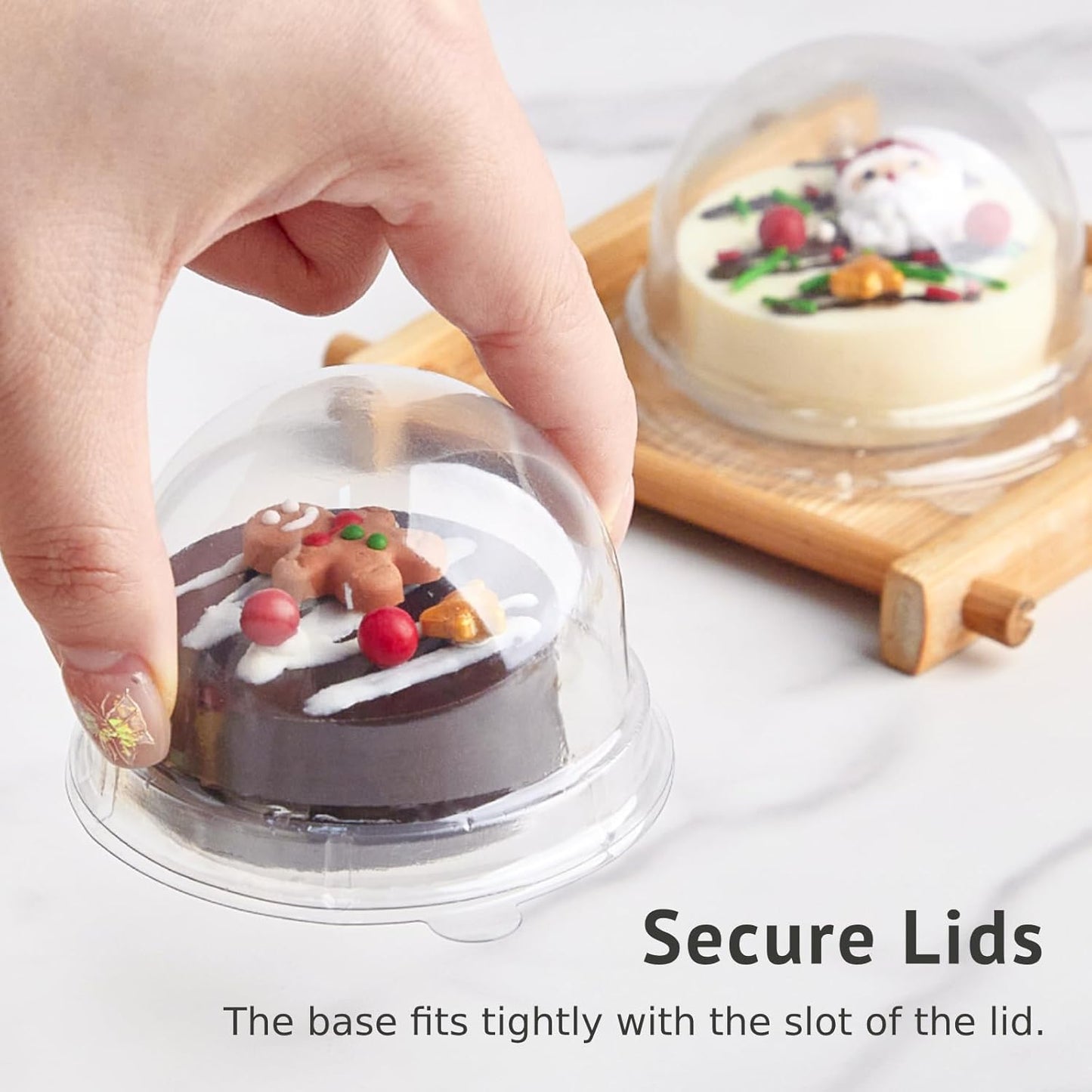 Zezzxu 50 Pack Mini Cake Containers, Clear Plastic Small Cupcake Boxes with Dome Lids for Individual Chocolate Covered Cookies, Strawberry, Mooncake (Gold)