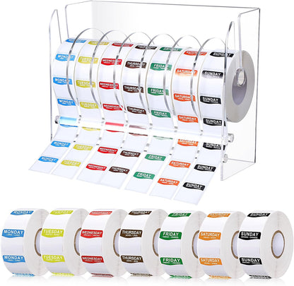 Resurhang 7000 Pcs Day of The Week Labels Food Labels with Adjustable Label Dispenser Monday Through Sunday Management Inventory Stickers Removable Weekly Self Adhesive Date Dot Stickers (Square)