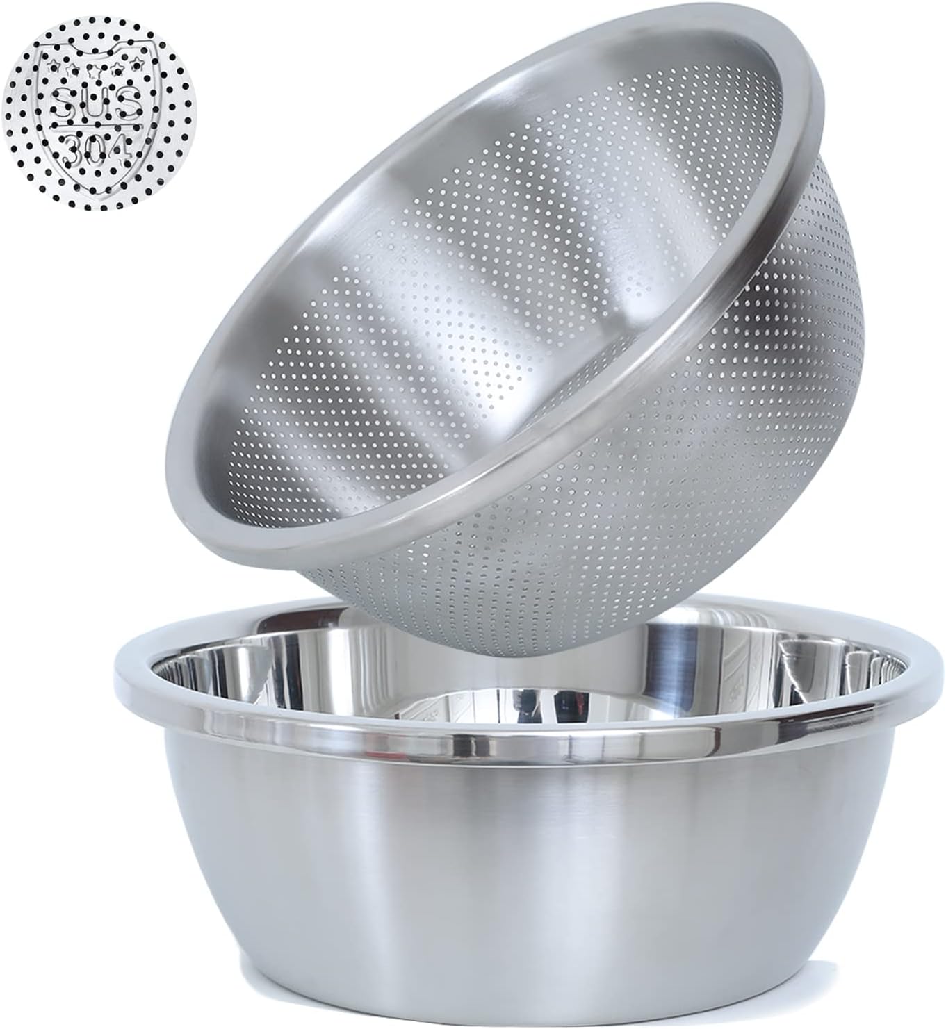 Paoli 304 Stainless Steel Fine Mesh Colander Set, 3.5QT Large Capacity Strainer with Mixing Bowl — Rinse Fruits, Veggies, Rice & Drain Pasta, Dishwasher Safe (2-Piece)