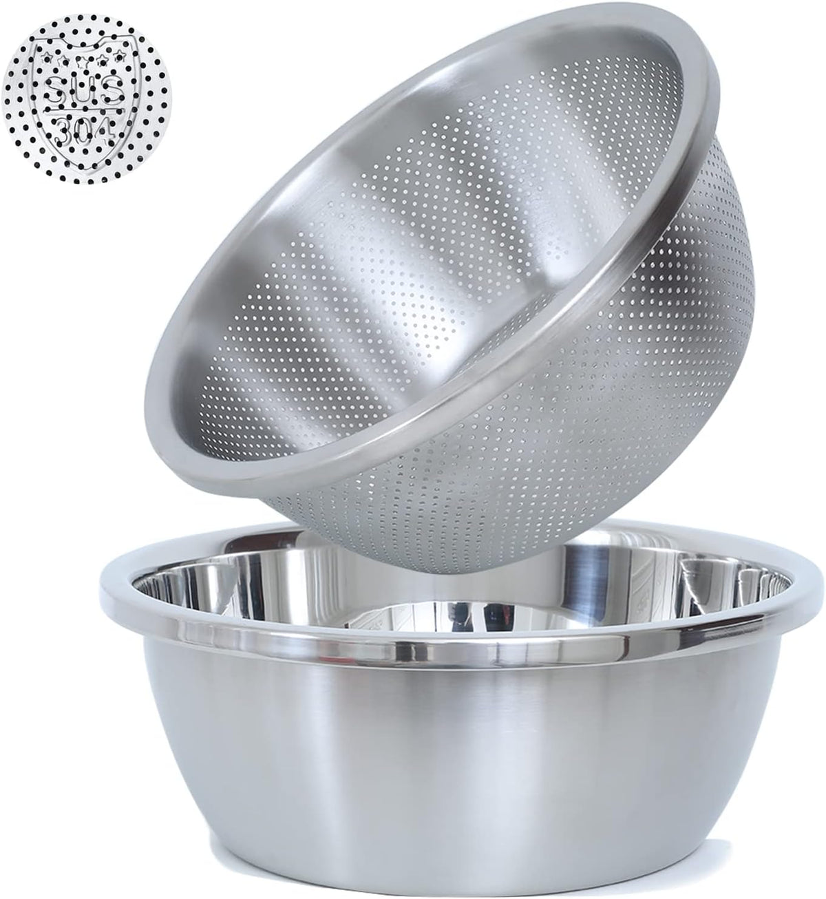 Paoli 304 Stainless Steel Fine Mesh Colander Set, 3.5QT Large Capacity Strainer with Mixing Bowl — Rinse Fruits, Veggies, Rice & Drain Pasta, Dishwasher Safe (2-Piece)