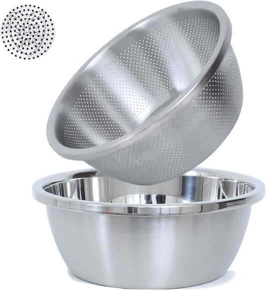 Paoli 304 Stainless Steel Fine Mesh Colander Set, 3.5QT Large Capacity Strainer with Mixing Bowl — Rinse Fruits, Veggies, Rice & Drain Pasta, Dishwasher Safe (2-Piece)