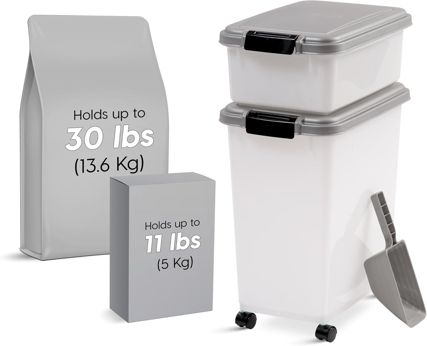 IRIS USA Dog Food Storage Container 30 lb + 11lb Airtight Combo, Stackable Pet Food Storage Bin with Wheels for Cat Dog Food, BPA Free, Made in USA, Black