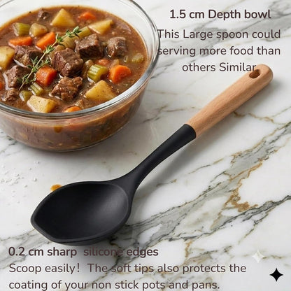 LorisArm Large Cooking Spoons. 12.5" Heat Resistant Silicone Serving Spoon, Nonstick Kitchen Utensils Wooden Handle Rubber Spoon for Mixing, Stiring,Baking,Scooping and Scraping.