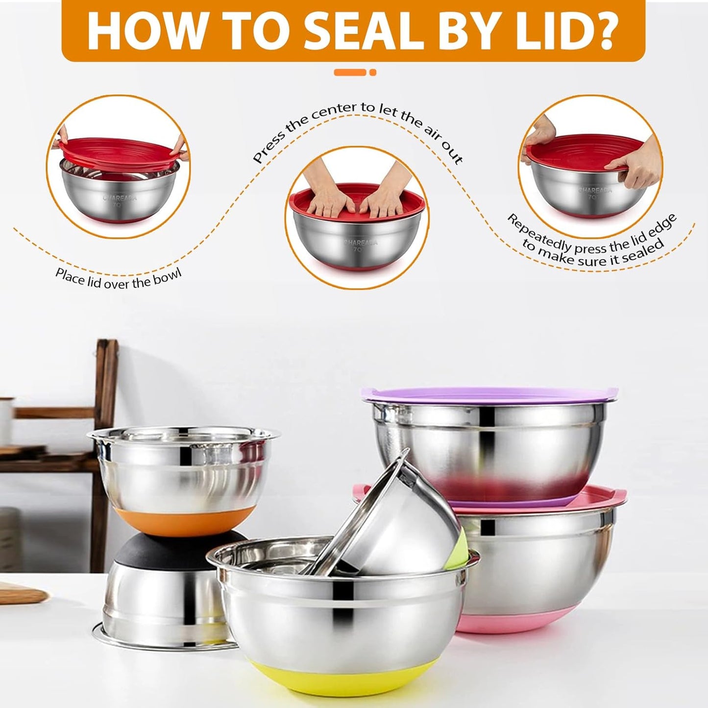 CHAREADA Mixing Bowls with Airtight Lids, 18pcs Stainless Steel Nesting Mixing Bowls Set Non-slip Silicone Bottom, Size 4.5, 3.6, 2.7, 2.1, 1.7, 1.1, 0.7 qt, Fit for Mixing & Serving(Colorful)
