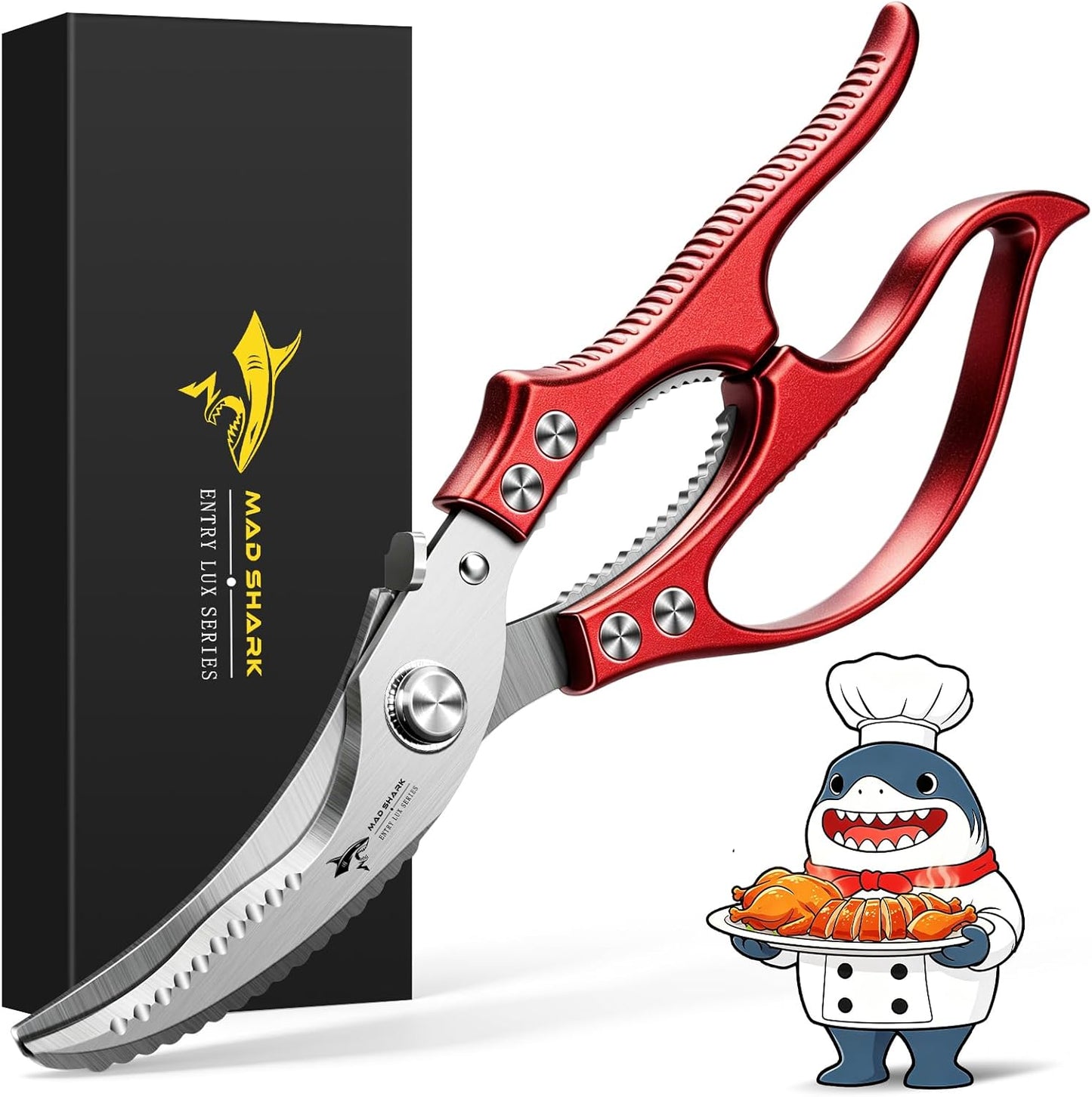 MAD SHARK Heavy Duty Poultry Shears, Kitchen Shears with Non-Slip Handle & Safety Lock, All Purpose Kitchen Scissors for Chicken, Meat Cutting, Turkey, Fish, Vegetables, Spring Loaded, Dishwasher Safe