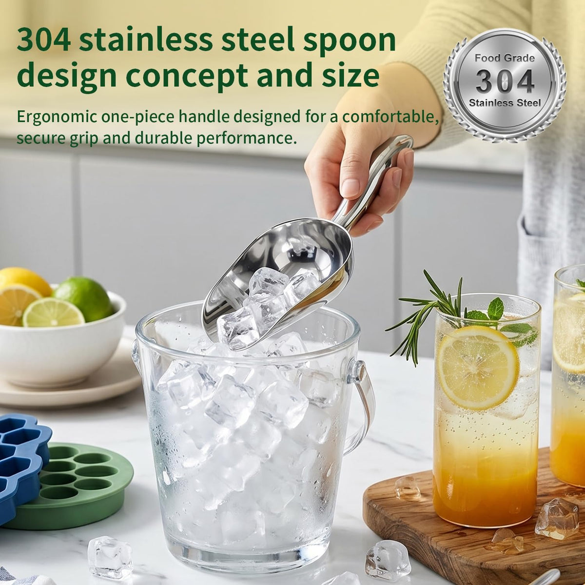 304 Stainless Steel Ice Scoop, Large 6-inch Metal Flour Scoop 50 Ounce