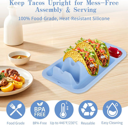 Klyrnd Silicone Taco Holder Set of 2, Reusable Taco Plate with Dividers for Hard & Soft Shells - Microwave & Dishwasher Safe Serving Stand (Grey Beige)