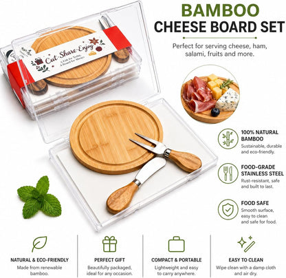 Upgraded storage-ready Small Cheese Board Set & Dessert Plate with Knife & Fork, 1-Pack 6-Inch Personal Charcuterie Tray, Bamboo, Gift-ready for Wedding, Bridal & Baby Shower Party