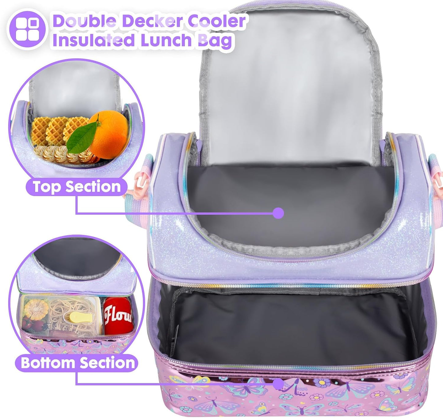 Kids Double Decker Cooler Insulated Lunch Bag, Back to School Large Meal Tote for Boys, Girls, Men, Women, with Adjustable Strap, Soccer
