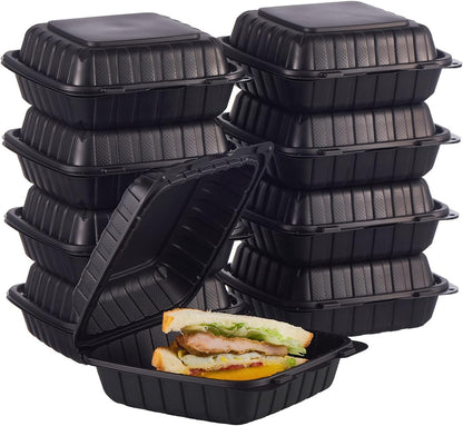 8X8 3-Compartment 50-Pack Plastic Clamshell Takeout Food Trays Heavy Duty Togo Disposable Box Carryout Meal Prep Packaging Catering Hinged Containers With Secure Snap Lid (Formerly FULING)