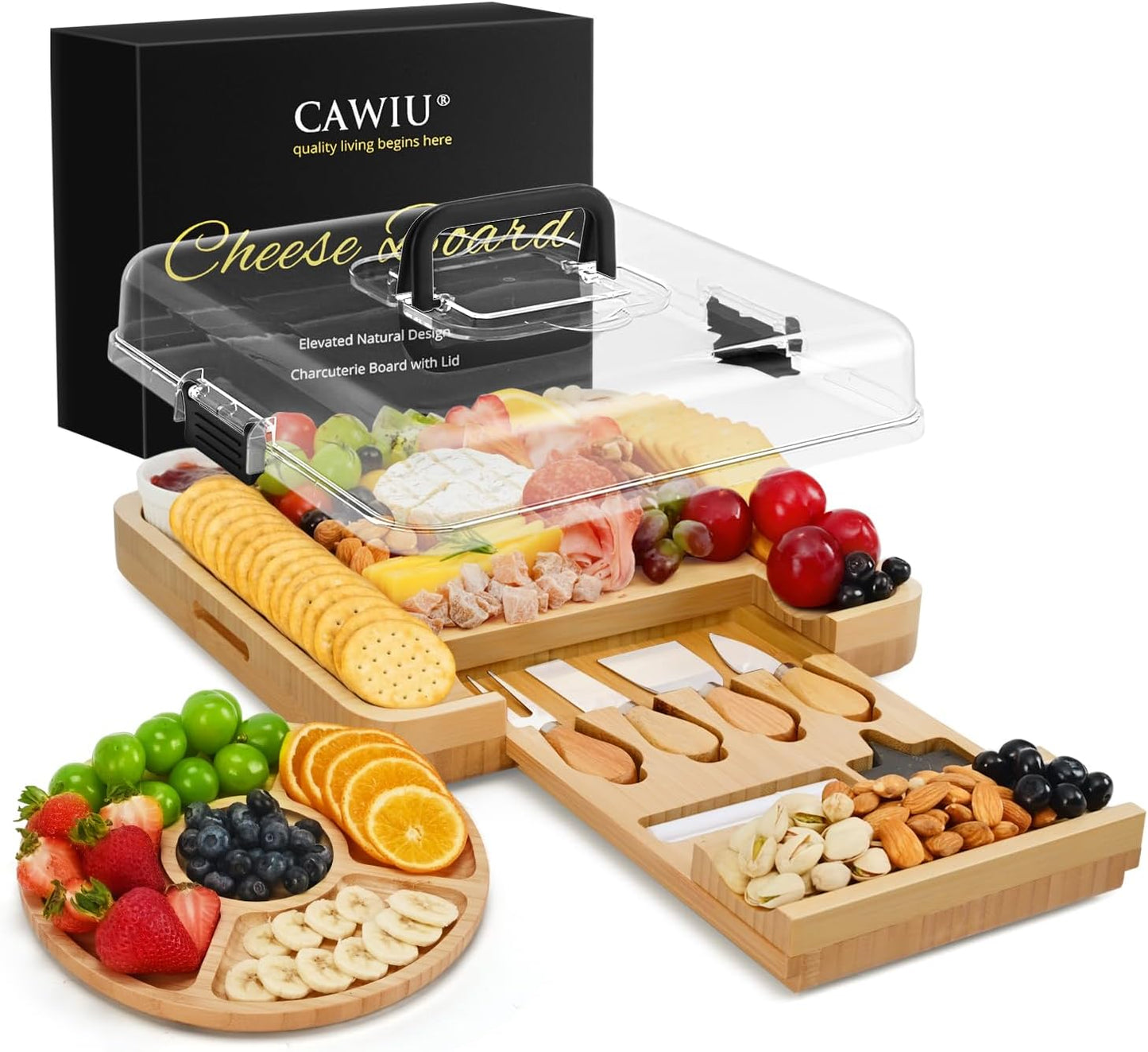 Premium Charcuterie Board with Lid – Bamboo Cheese Board Set with Utensils, Drawer & Fruit Tray – House Warming Gifts New Home, Wedding, Birthday, Bridal Shower (Black)