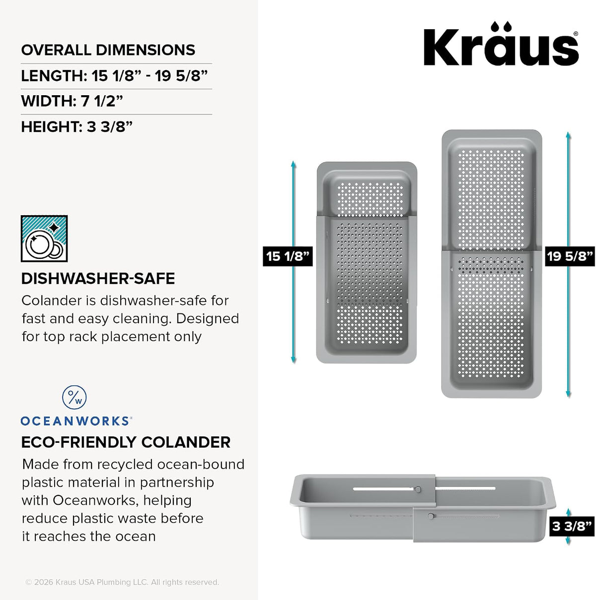 KRAUS Expandable Colander for Kitchen Sink/Over the Sink Colander, Lt Grey
