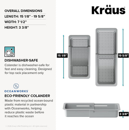 KRAUS Expandable Colander for Kitchen Sink/Over the Sink Colander, Lt Grey