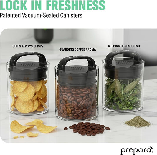 Prepara Evak Fresh Saver Short Vacuum Seal Canisters, Assorted Sizes - Grip Handle Lid, BPA Free Twin-Valve Airtight Jar for Coffee, Tea, Snacks - Pantry Organizer & Compact Kitchen Storage (3-Pack)