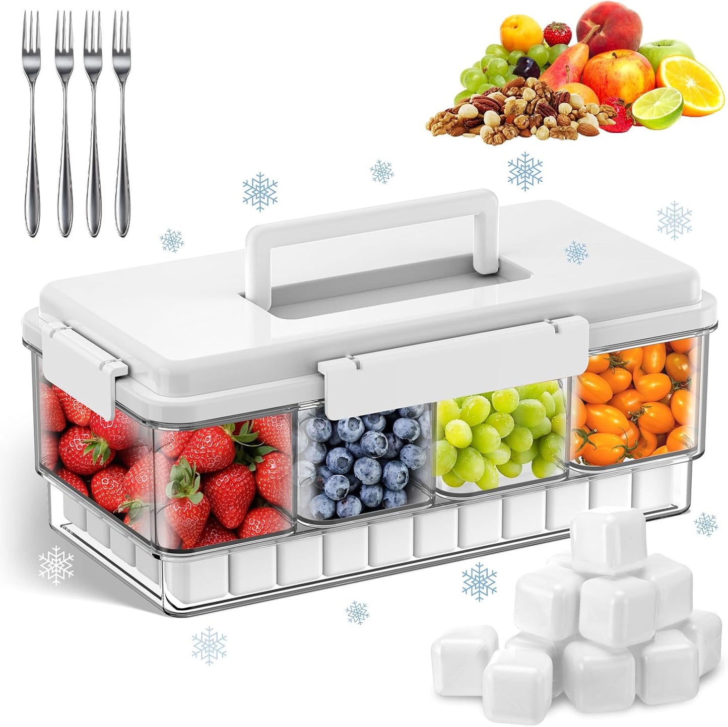 Palksky Snackle Box Container with Ice Pack, Travel Snack Container with Handle, Chilled Portable Divided Serving Tray with Lid, 4 Compartment Snack Box for Fruits,Veggies,Snacks,Keep Food Cold