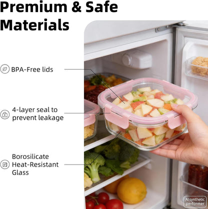 Konokyo Square Glass Food Storage Containers with Lids, 12 Pack Airtight Leakproof Meal Prep Containers, BPA-Free, Microwave Oven Freezer & Dishwasher Safe, Assorted Sizes