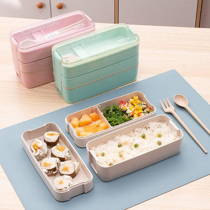 Rarapop 3 Pack Stackable Bento Box Adult Japanese Lunch Box Kit with Spoon & Fork, 3-In-1 Compartment Wheat Straw Meal Prep Containers (Green/Pink/Beige)