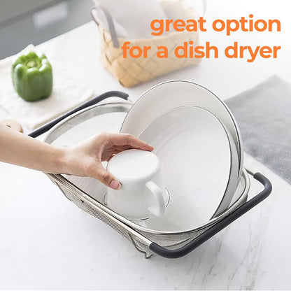 Expandable Strainer Over The Sink Colander - Premium 6 Quart Oval Fine Mesh Stainless Steel Colander Over the Sink with Rubber Grip Handles - Large Sink Strainer Basket for Kitchen Sink