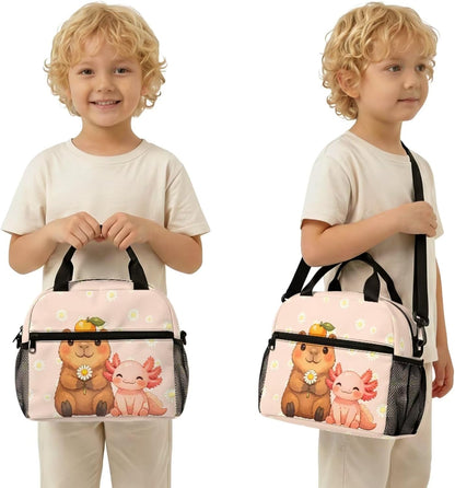Cute Capybara Pizza Backpack for Girls, 5 Pcs Boys School Bag Set for Kids, 17 Inch Backpacks Lunch Pencil Box Reusable Utensils Case Set for Middle Elementary School, 3rd Grade Backpack