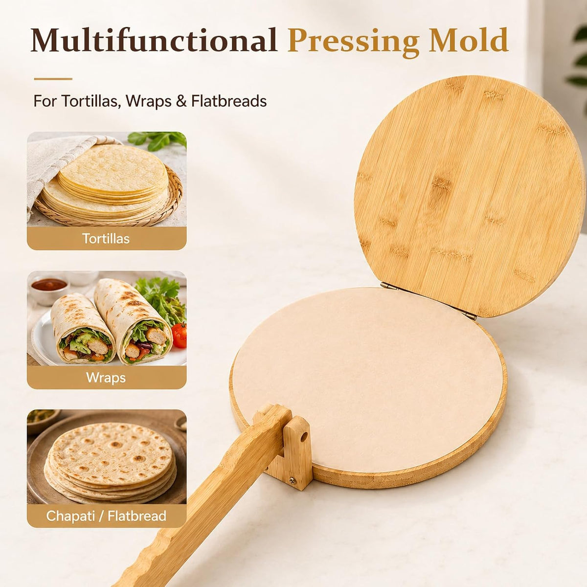 10 Inch Bamboo Round Tortilla Press Set, Mexican Tortilla Maker with 100 Parchment Papers and Rolling pin, Homemade Corn&Flour Flatbread Press for Mexican Tacos, Roti, Patacones