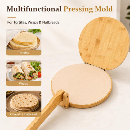 10 Inch Bamboo Round Tortilla Press Set, Mexican Tortilla Maker with 100 Parchment Papers and Rolling pin, Homemade Corn&Flour Flatbread Press for Mexican Tacos, Roti, Patacones