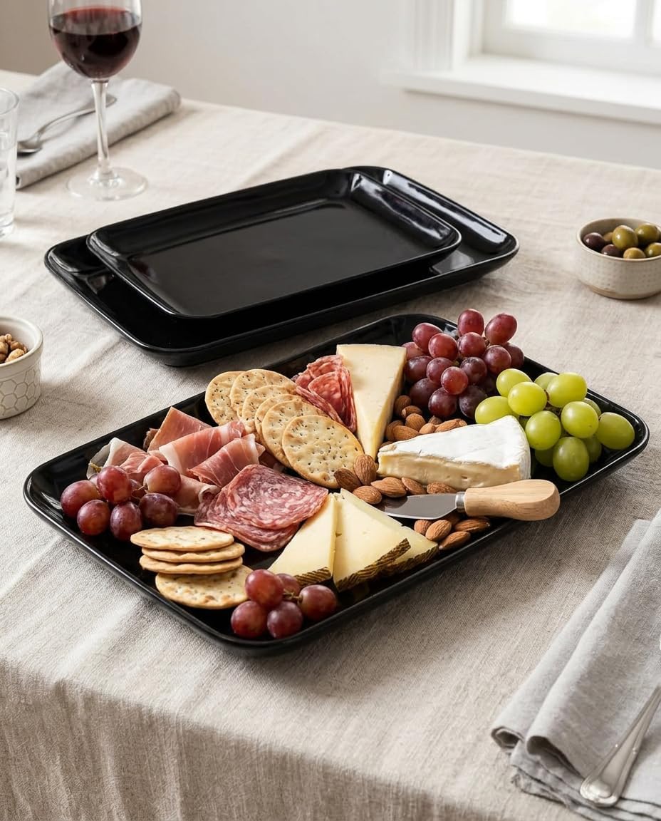 DELLING Large Serving Platter Set of 3, 16/14/12 Inch Porcelain Serving Trays for Party - White Ceramic Rectangular Platters for Entertaining, Appetizer Fruit Tray for Father's Day Shower Dinner
