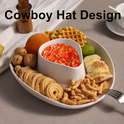 Chip and Dip Serving Set Bowl Cowboy Hat Chips and Salsa Serving Dish.10.6 x 11.6 x 3.5 in White