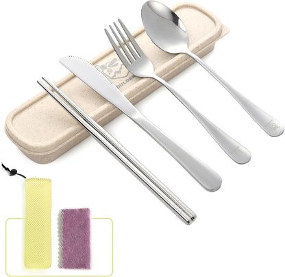 Boulder Bee | Travel Utensils Set | Reusable Camping Cutlery Set | Stainless Steel Flatware Set | Portable Silverware Set with Case | Includes Knife/Fork/Spoon/Straw/Cleaning Cloth/Case (Purple)